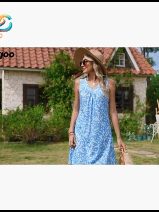 Sleeveless V-Neck Pleated Sundress with Pockets, Knee Length Casual Dress - Picture 6 of 6